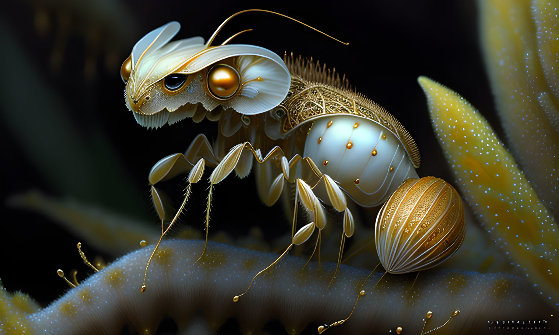 Stylized mechanical ant with golden gears on dark, plant background