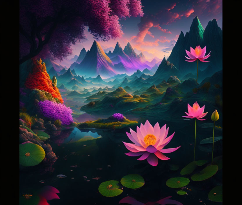 Fantasy landscape with pink and purple foliage, misty hills, peaks, and radiant lotus flowers