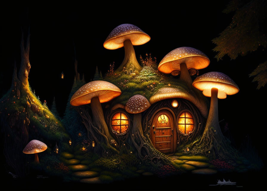 Fantasy mushroom house illustration in dark forest