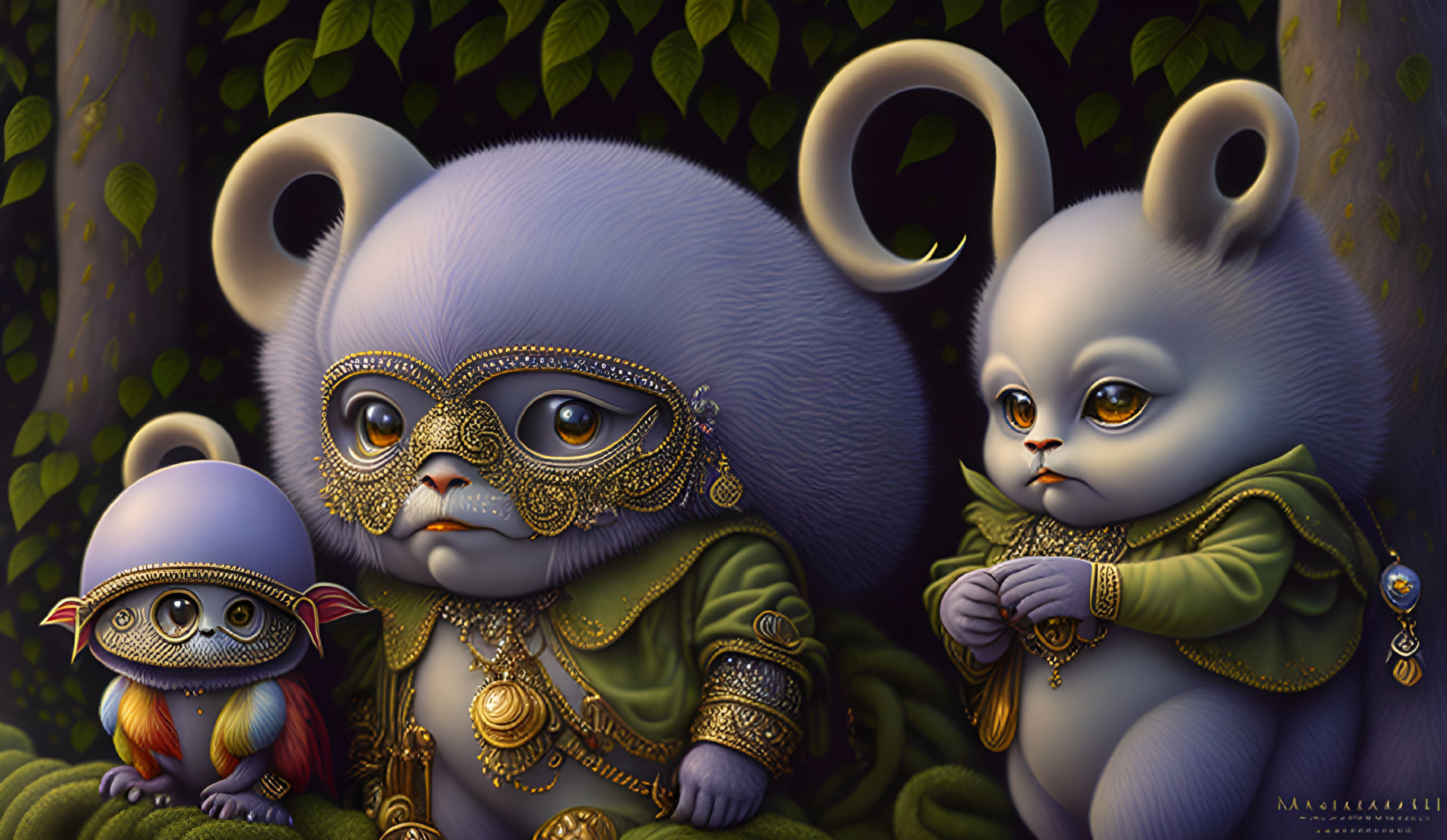 Surreal Anthromorphic Creatures in Ornate Costumes Against Leafy Background