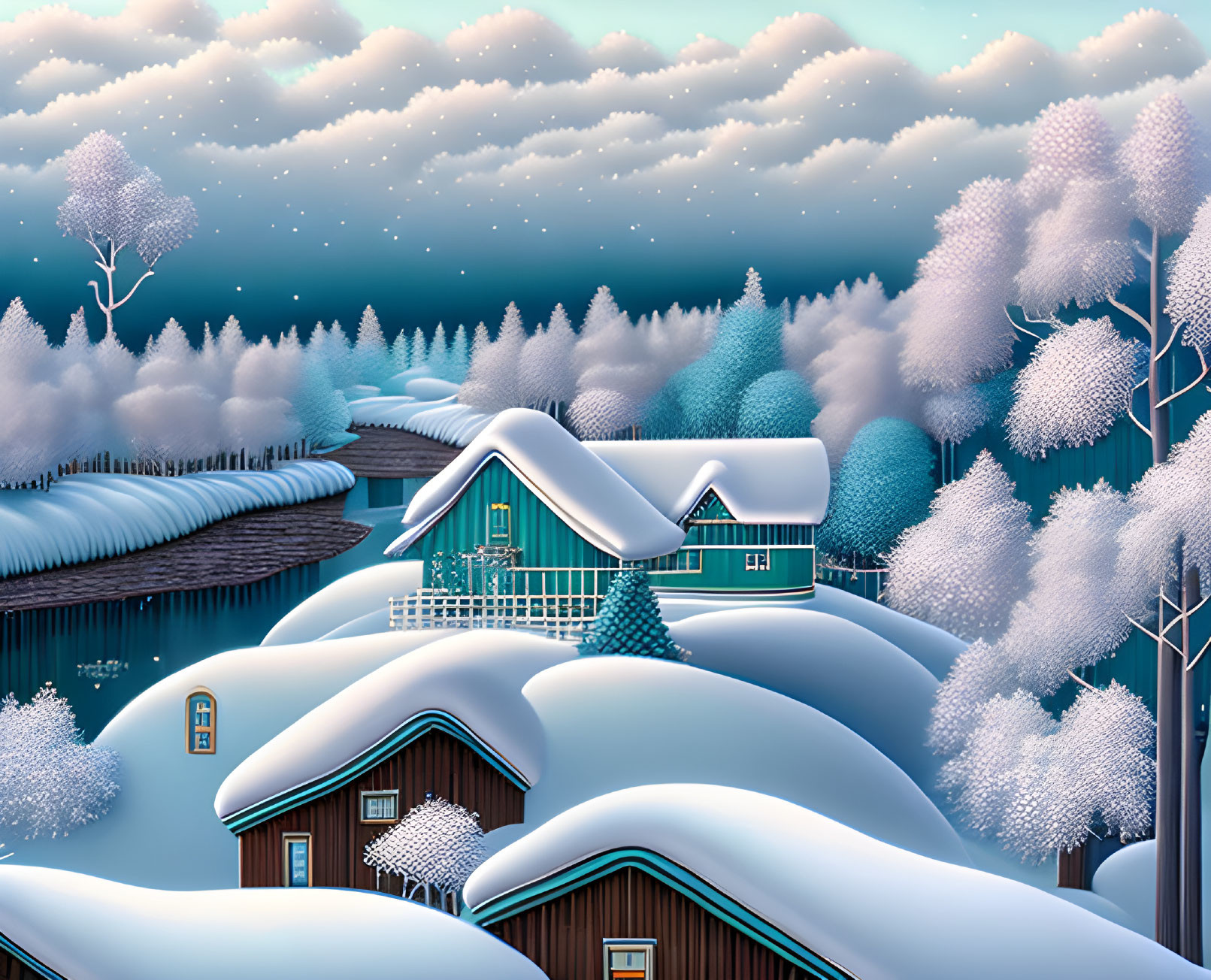 Twilight snow-covered landscape with cozy houses and frosted trees