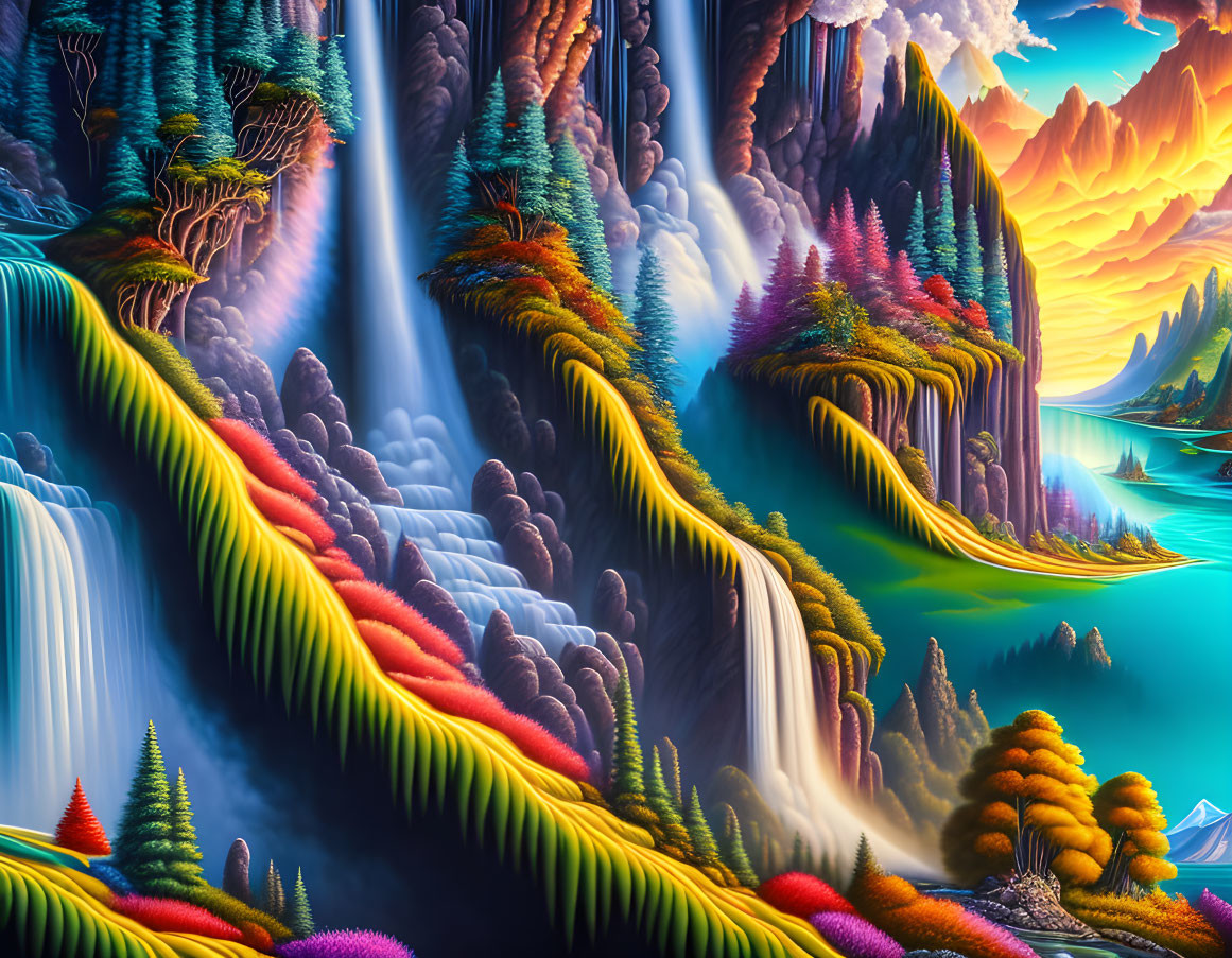 Surreal landscape with waterfalls, colorful foliage, and rock formations