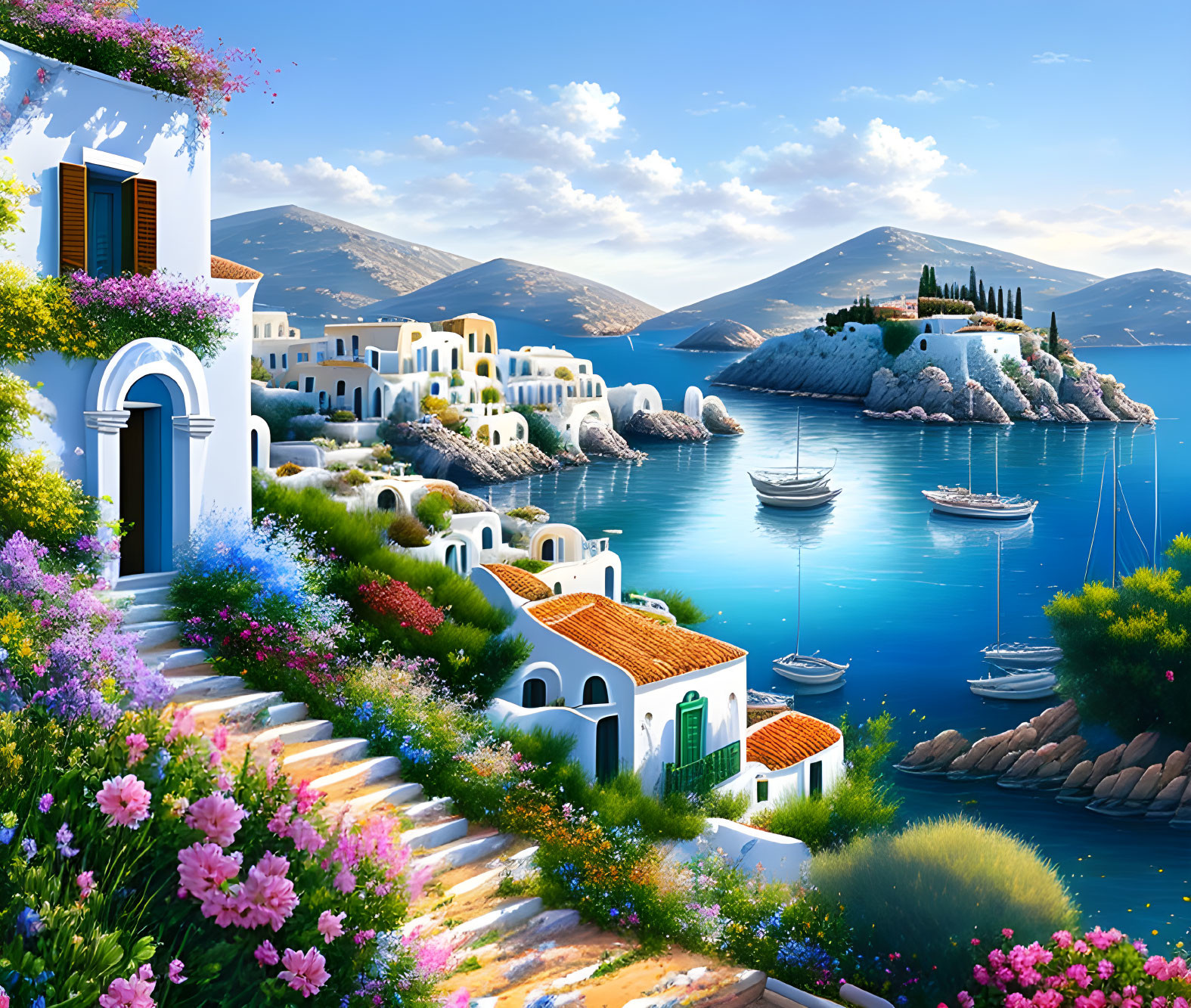 Vibrant seaside landscape with blue waters, white buildings, sailboats, and clear sky