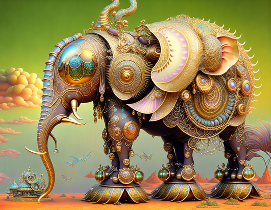 Stylized digital artwork of metallic ornamental elephant on warm gradient background