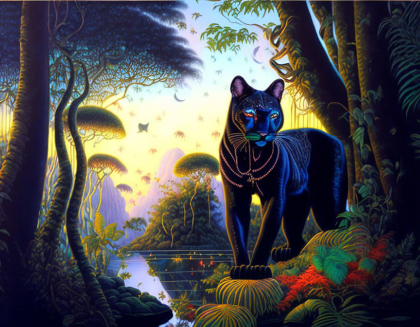 Luminous black panther in mystical colorful jungle at twilight