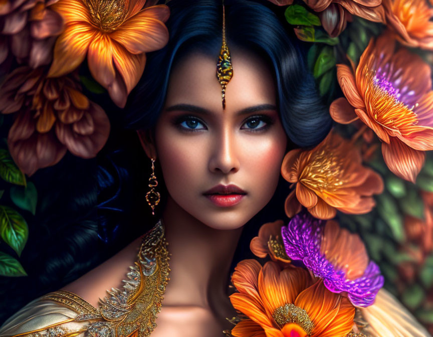 Portrait of Woman with Striking Blue Eyes and Gold Jewelry Among Orange and Purple Flowers