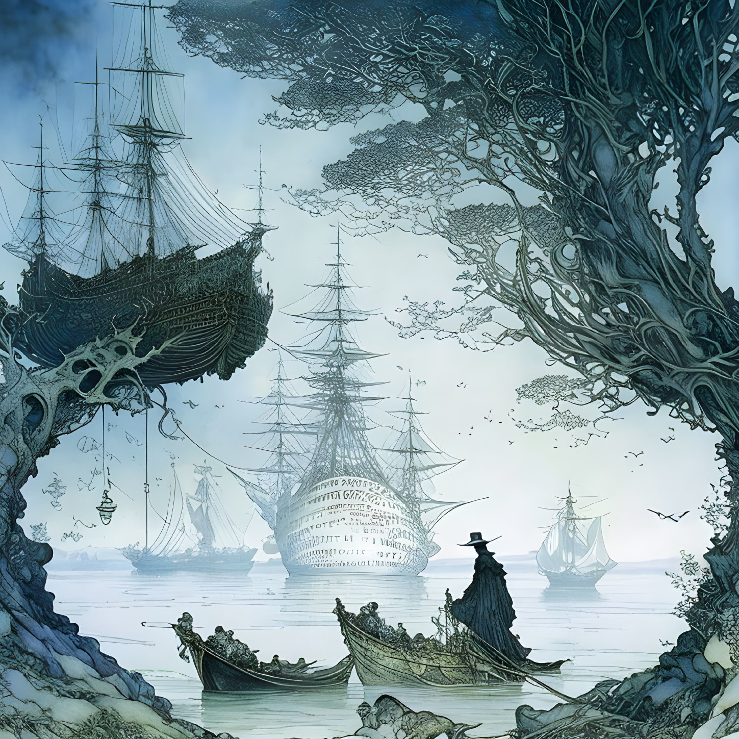 Fantastical seascape with ornate ships, enigmatic figure, and mysterious trees