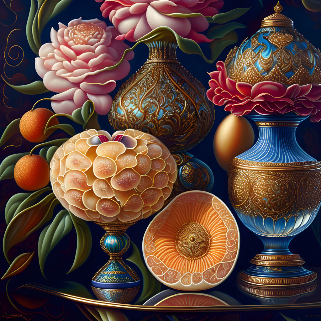 Detailed Still Life with Ornate Vessels, Peonies, and Citrus Fruits