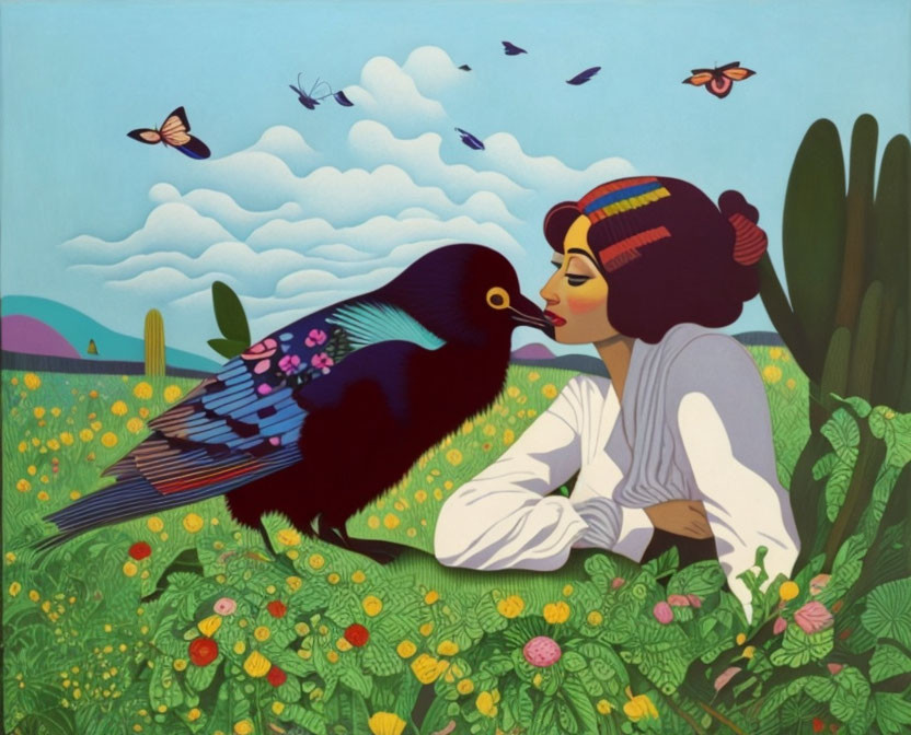 Illustration of woman kissing bird in colorful flower field