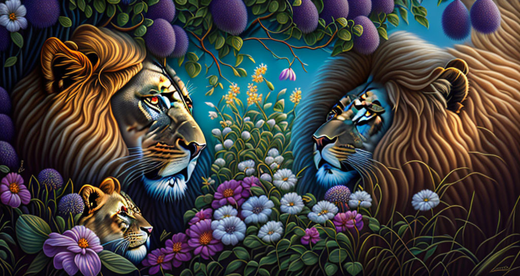 Vibrant lion painting with floral background - Mystical and noble atmosphere