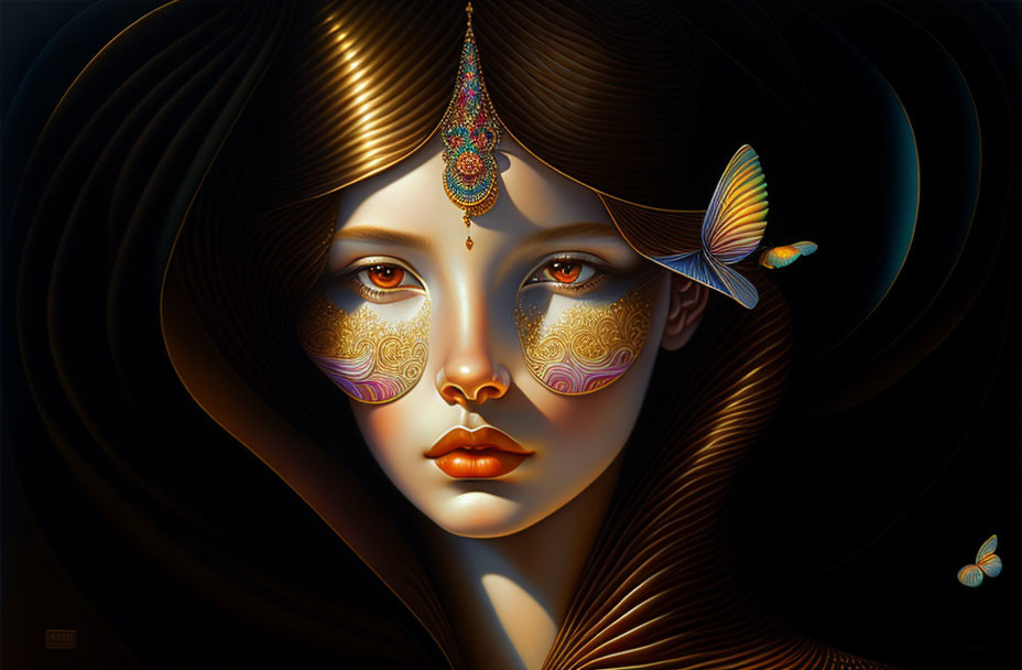 Elaborate gold-patterned face paint woman with butterflies in digital artwork