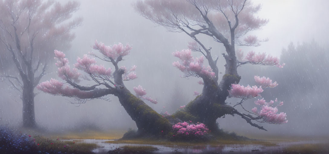 Cherry Blossom Trees in Mystical Foggy Landscape