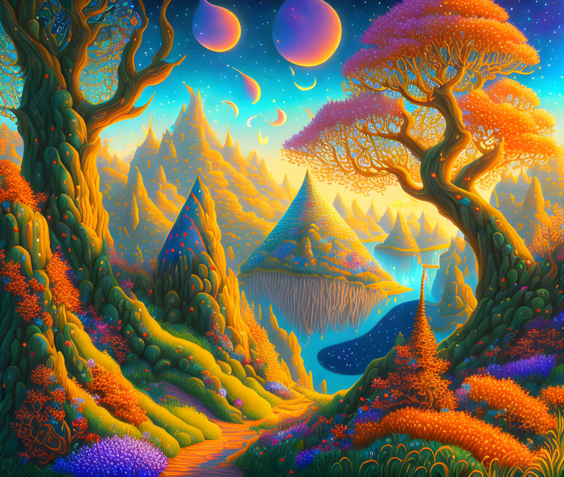 Fantasy landscape: floating islands, colorful trees, glowing pathway, twin moons