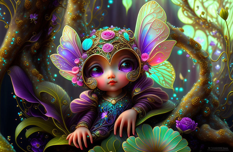 Illustrated fairy in purple outfit among whimsical forest scenery