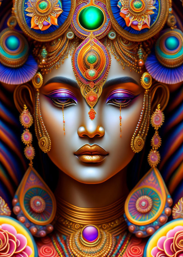 Colorful digital artwork: Woman with intricate headdress, jewelry, and serene expression, adorned with floral