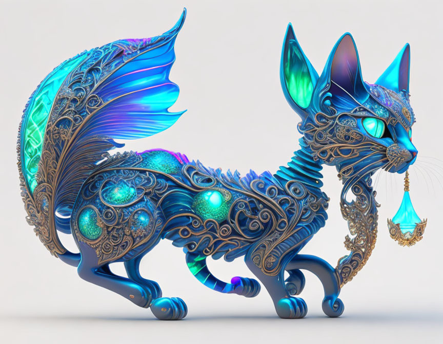 Colorful Mechanical Cat Sculpture with Blue and Teal Shades