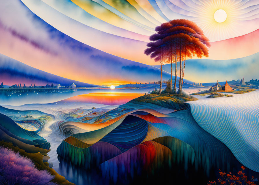 Colorful digital artwork: surreal landscape with glowing tree, rolling hills, and serene lake