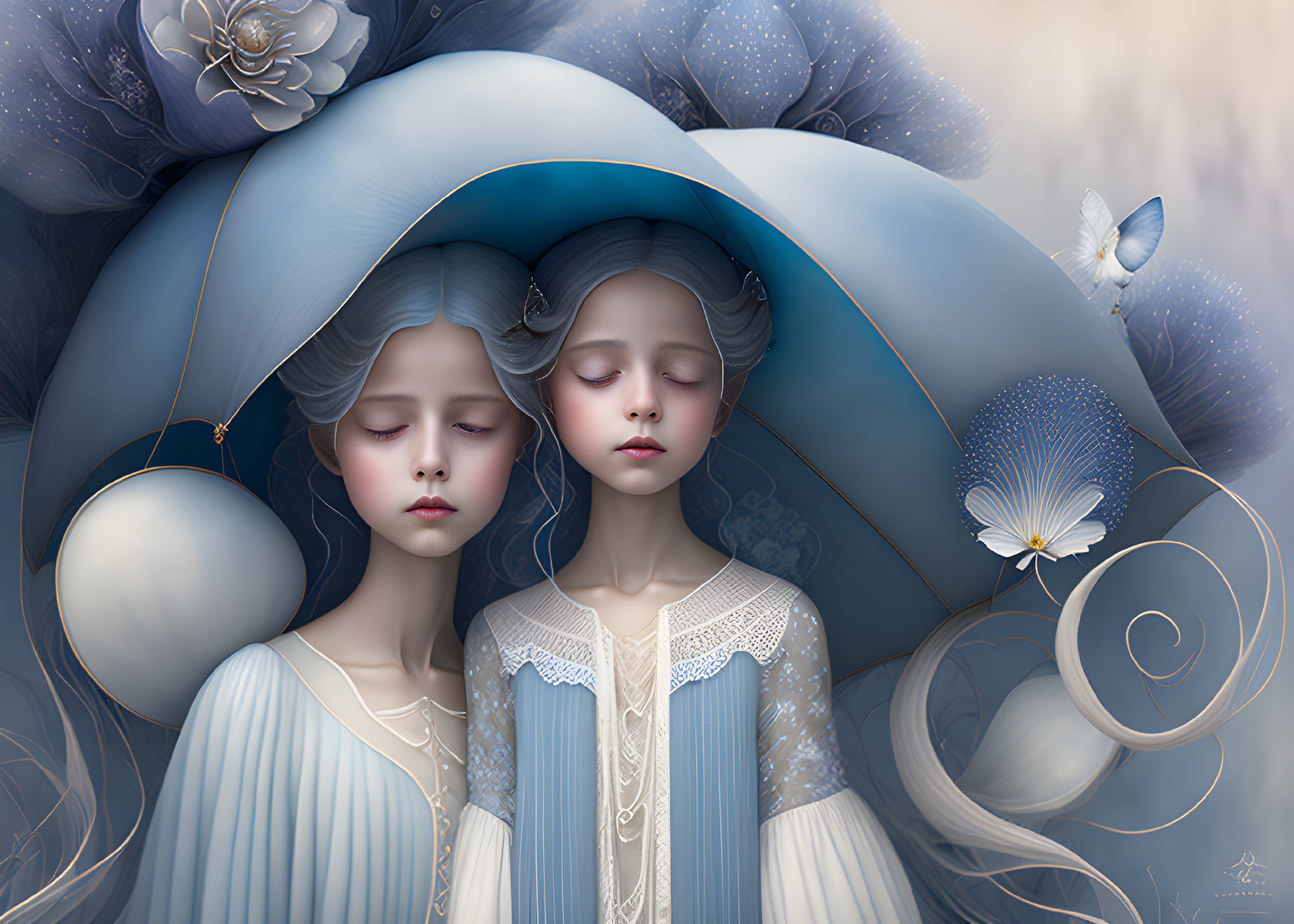 Ethereal characters in pale blue attire with ornate hat amidst botanical elements