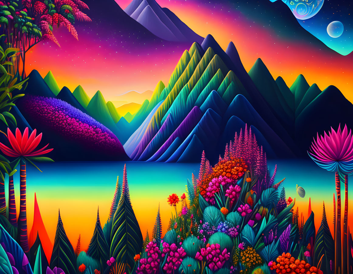 Colorful digital artwork: Stylized landscape with mountains, flora, and celestial bodies