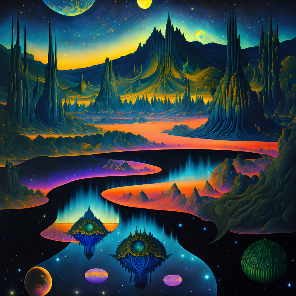 Surreal landscape with towering spires, winding river, celestial bodies, and glowing flora