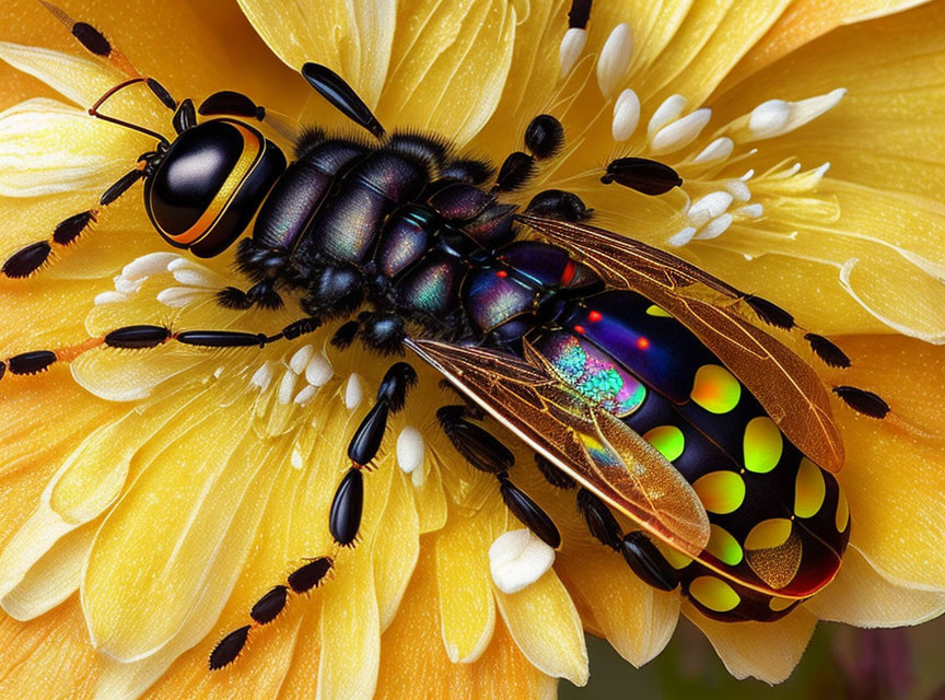 Macro photograph of iridescent beetle on yellow flower