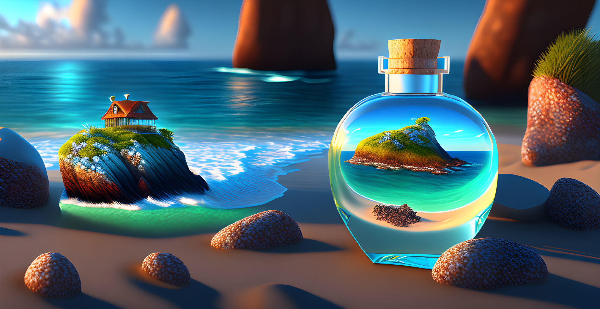 Miniature island with house in bottle on sandy shore by calm blue waters