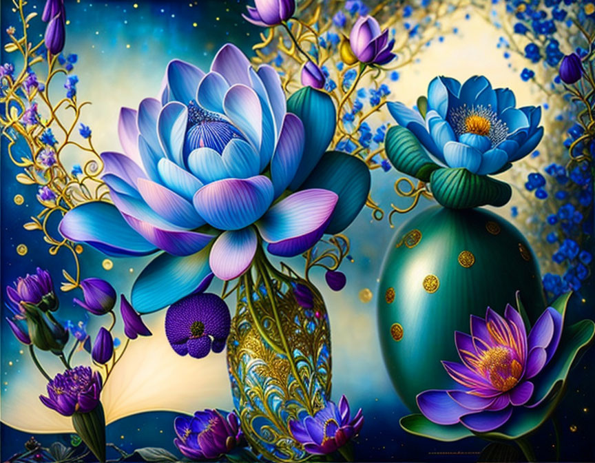 Digital Artwork: Stylized Blue and Purple Lotus Flowers with Golden Accents