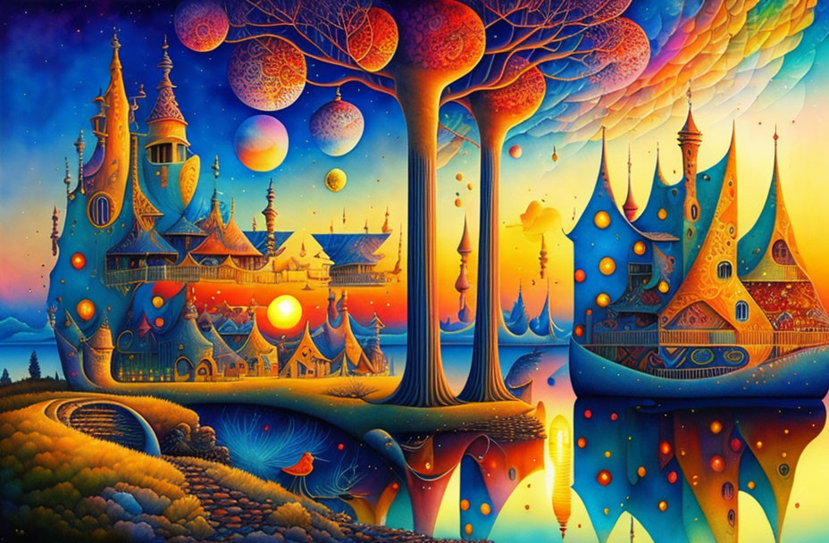 Fantastical landscape with whimsical castles and colorful trees