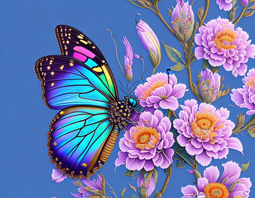 Colorful Butterfly Illustration with Pink Wings and Purple Flowers