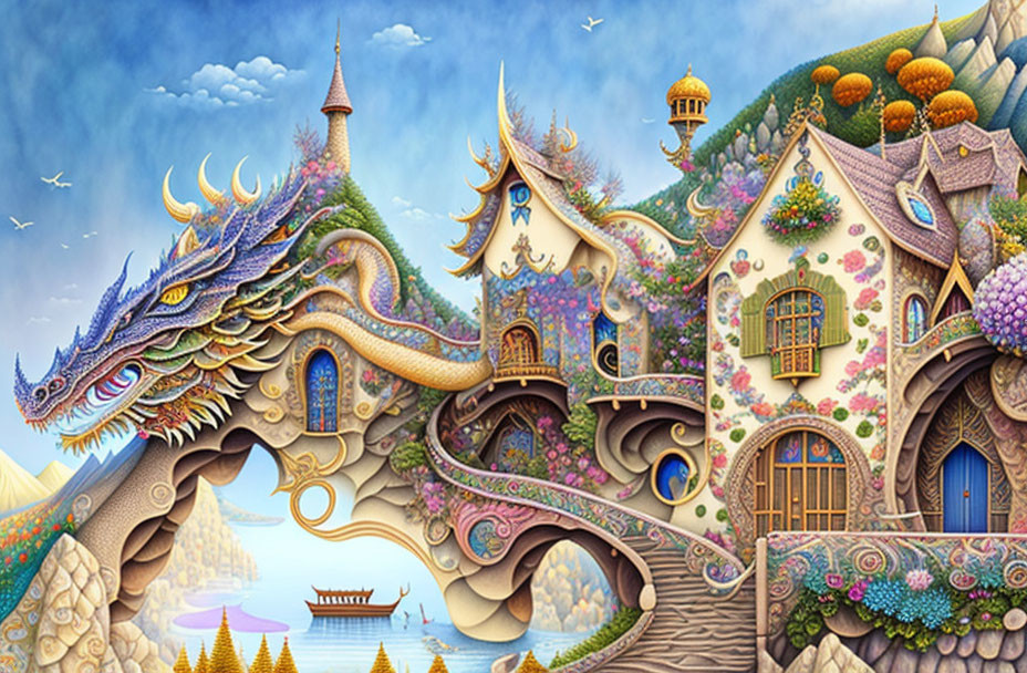 Majestic blue dragon in fantasy landscape with whimsical houses and floral motifs