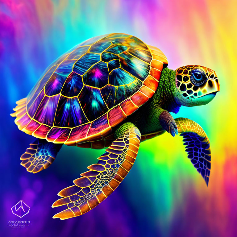 Colorful Turtle Artwork with Iridescent Shell & Rainbow Background