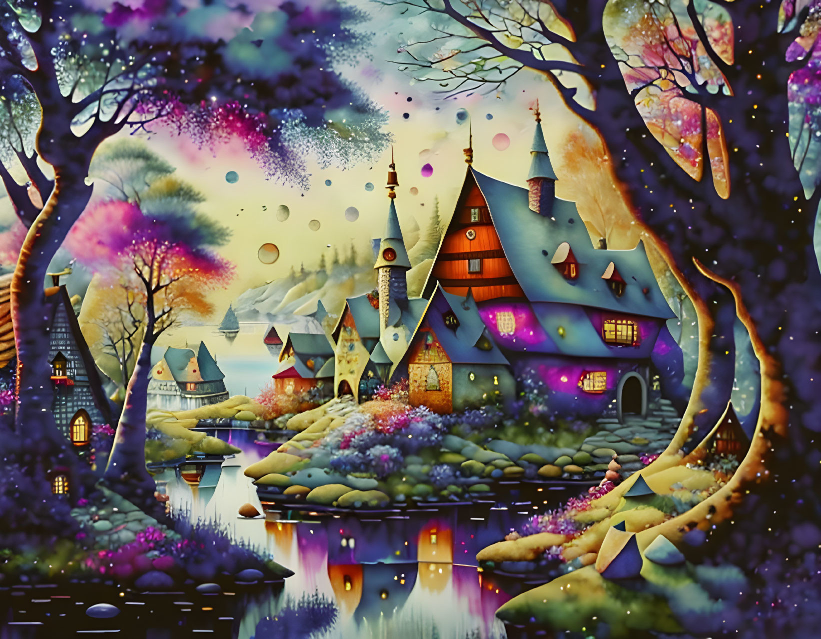 Colorful village painting with illuminated sky and serene river