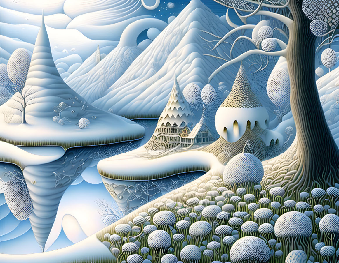 Whimsical Winter Landscape with Snow-Covered Hills and Spherical Trees