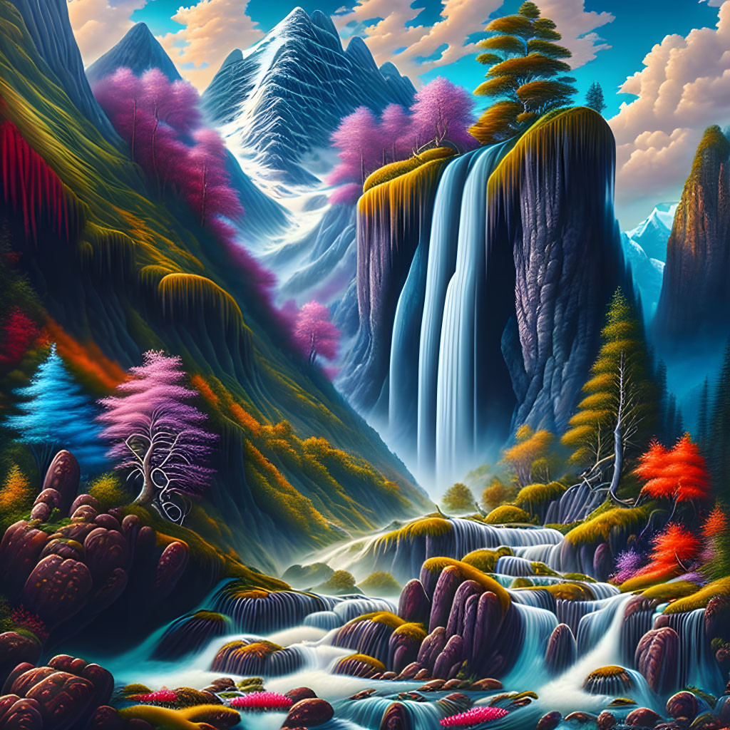 Colorful surreal landscape with massive waterfall and vibrant foliage