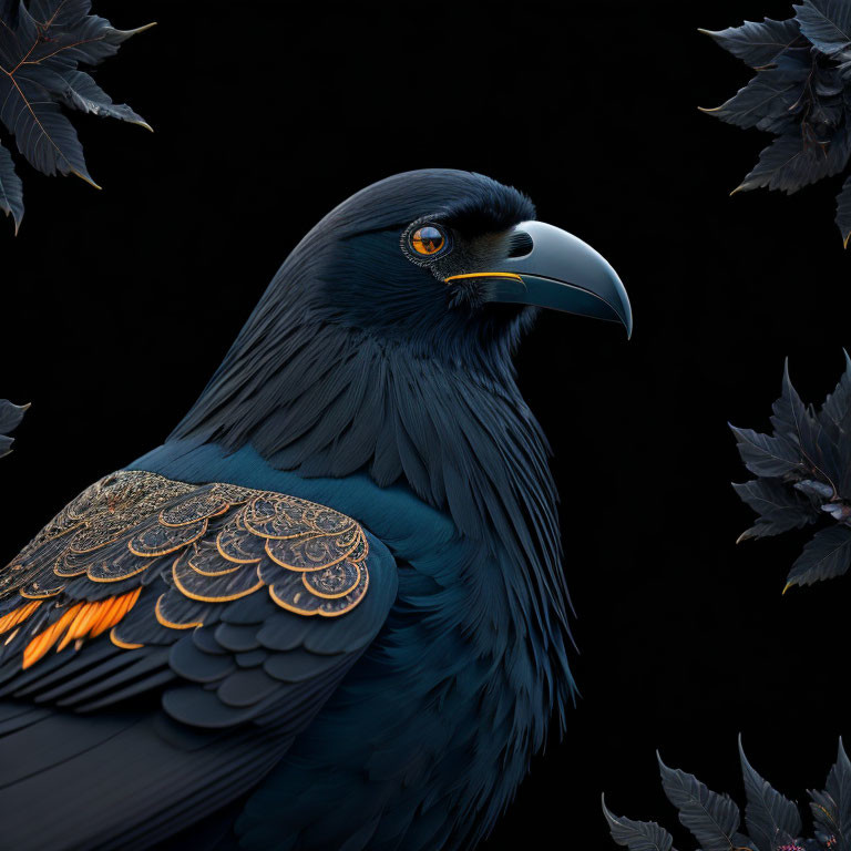 Detailed close-up of dark-feathered raven with orange and gold wing patterns on black background with