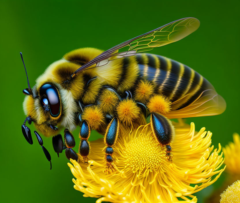 Detailed Close-Up of Bee Collecting Nectar from Yellow Flowers