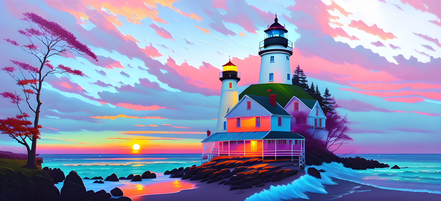 Colorful coastal sunset scene with lighthouse and ocean views