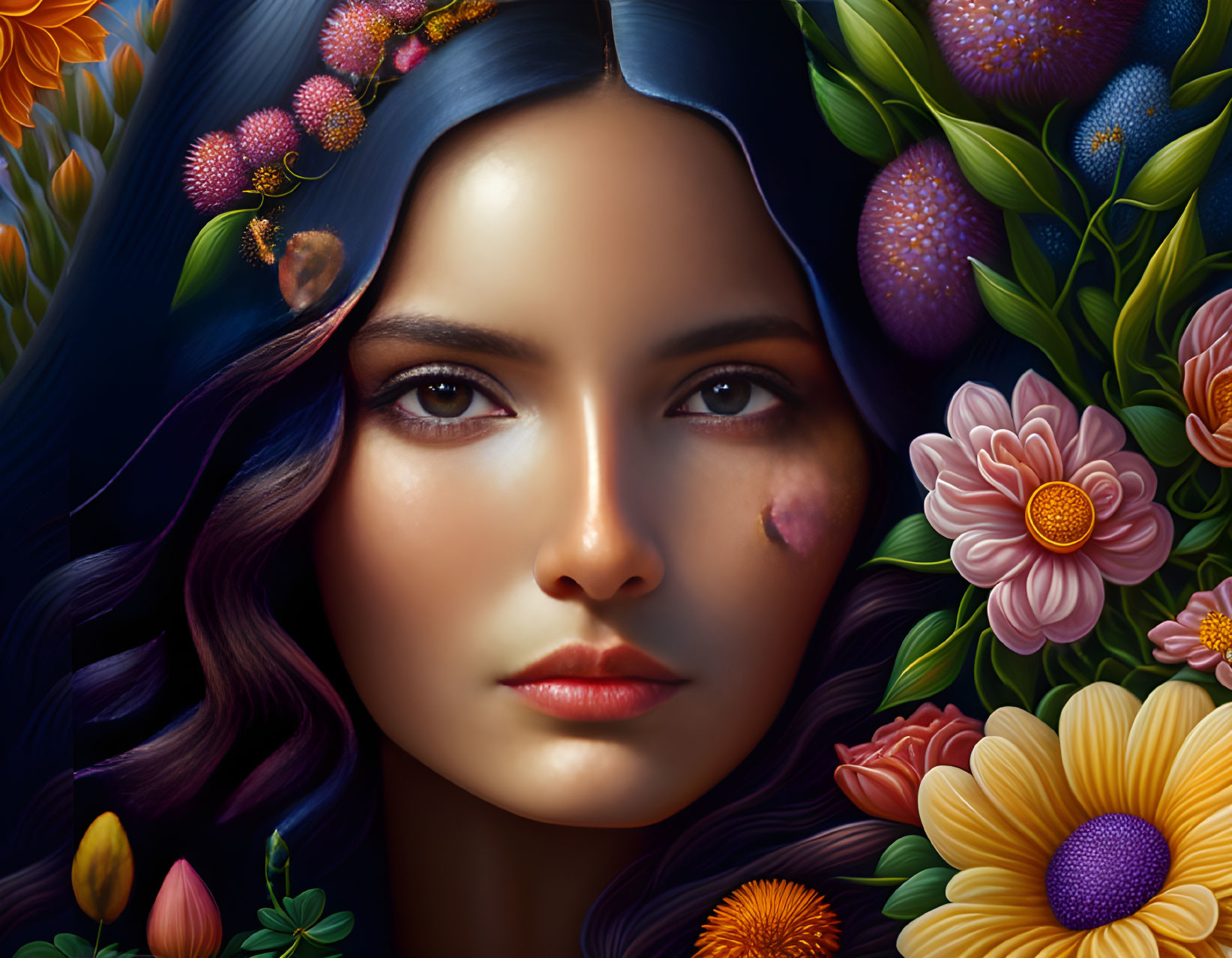 Detailed close-up digital painting of woman with colorful flower hair in vibrant, realistic style