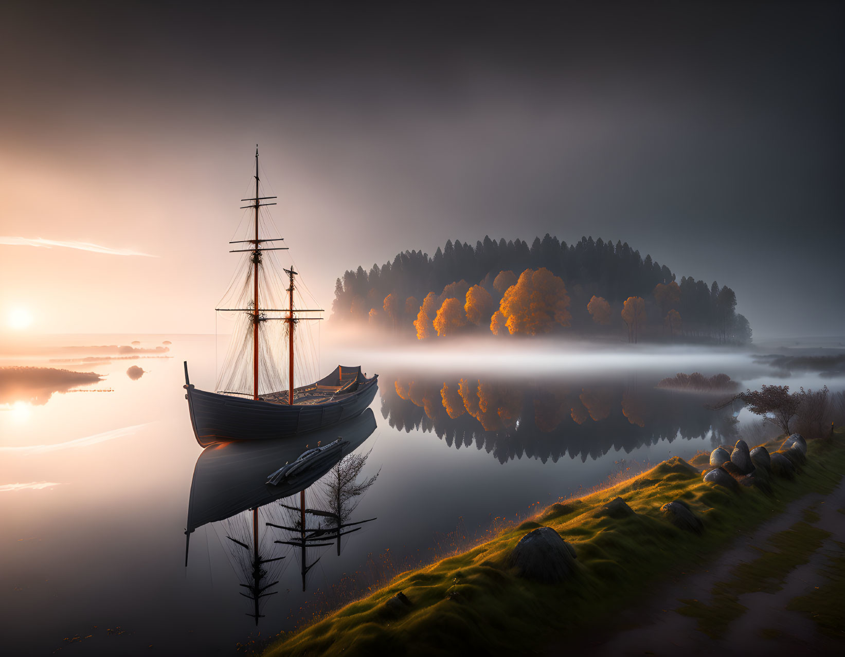 Tall ship near misty island at sunrise