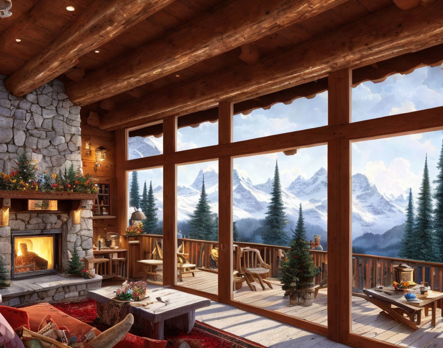 Warm Wooden Interior with Fireplace, Snowy Mountain Views, Christmas Decorations