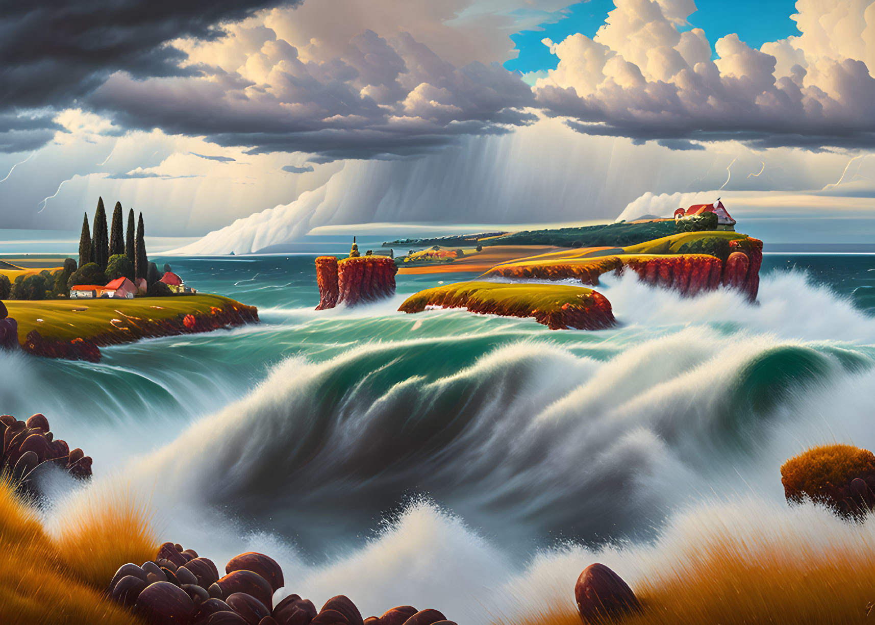 Fantastical landscape with turbulent waves and dramatic sky