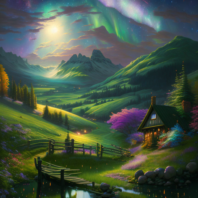 Scenic night landscape with cottage, meadows, river, moon, and aurora borealis