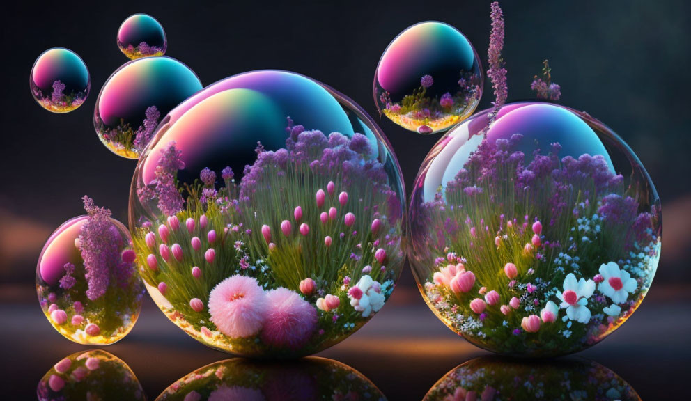 Surreal landscape with pink and white flora in reflective bubbles