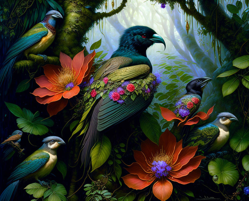 Colorful Exotic Birds in Lush Tropical Setting