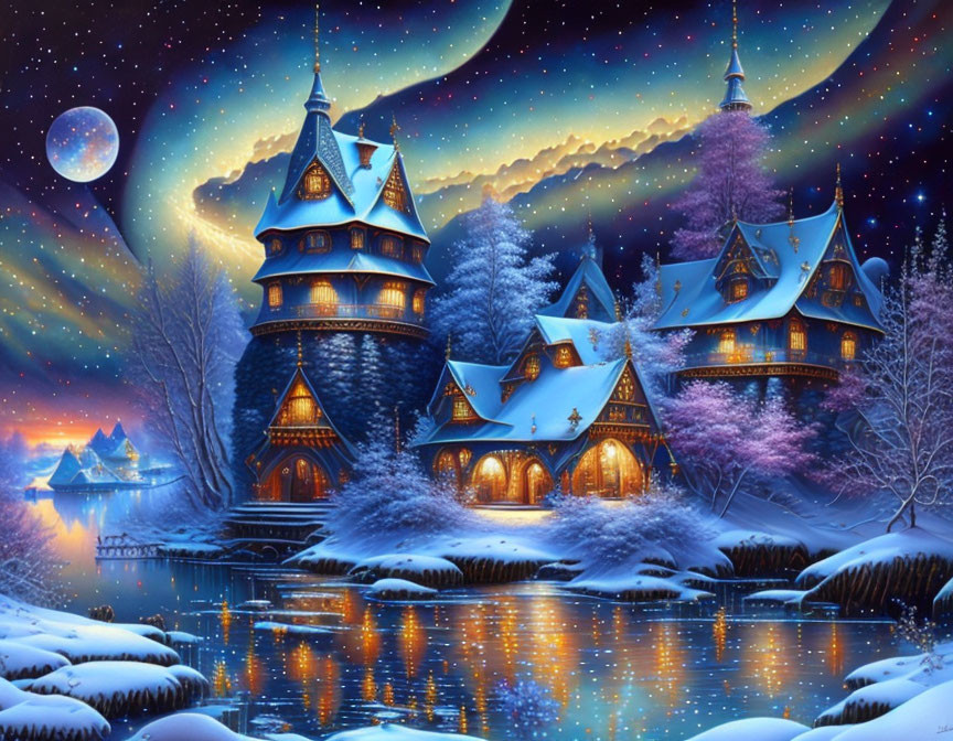 Snowy Winter Village with Fairy-Tale Cottages and Frozen River