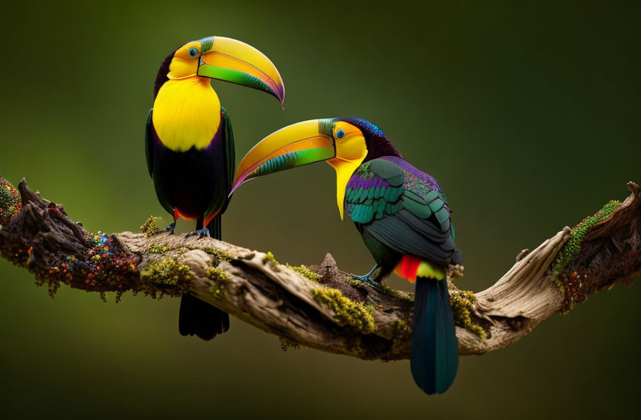 Colorful Toucans Perched on Branch with Soft Green Background