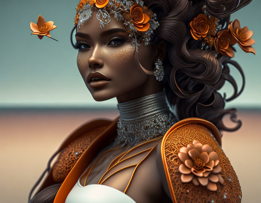 Detailed Digital Art Portrait of Woman with Orange Floral Accessories