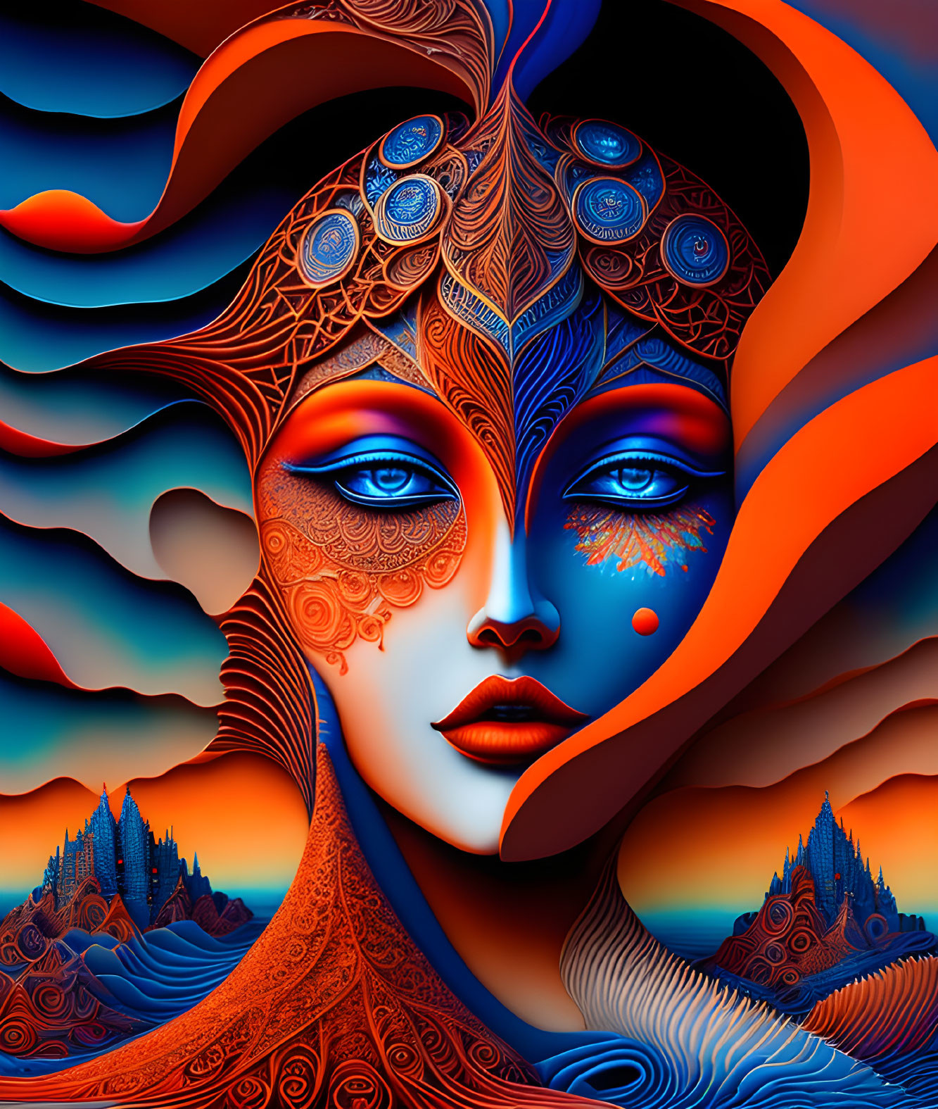 Surreal blue-skinned female figure in vibrant orange and blue digital art