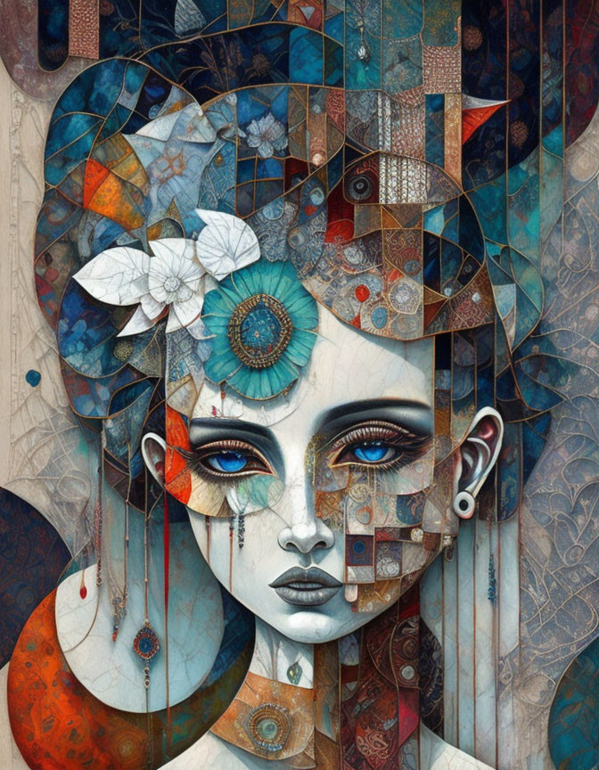 Abstract Female Portrait with Surreal Geometric Elements in Cool Tones