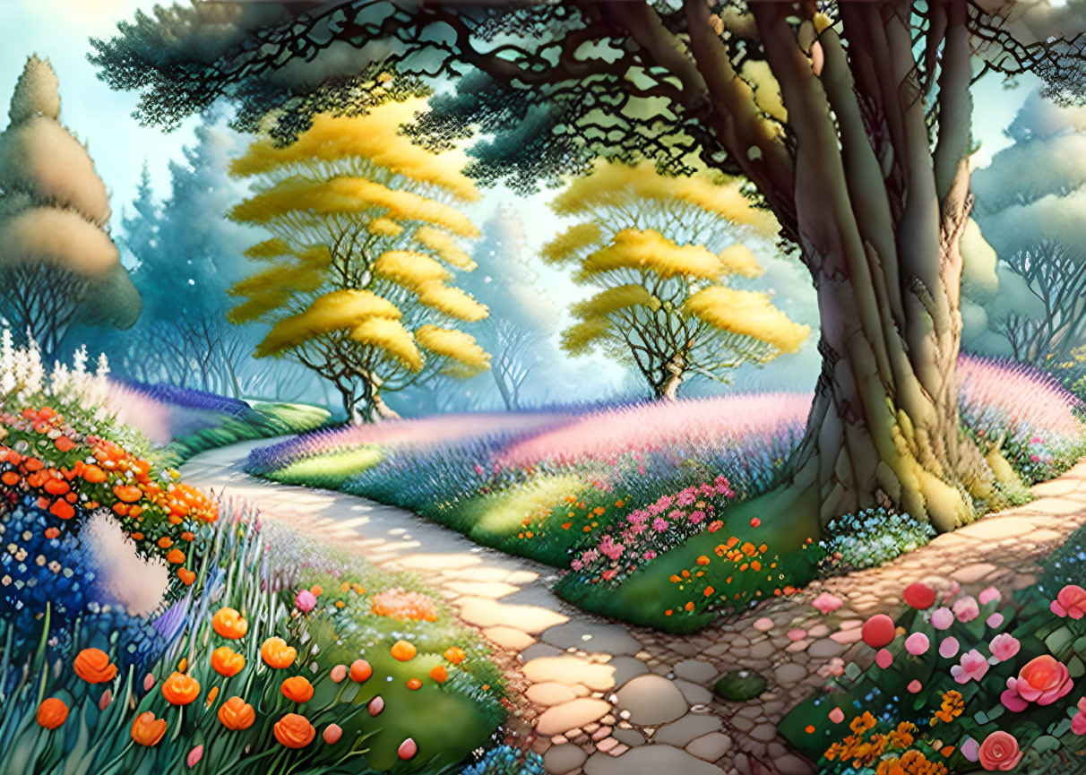 Colorful garden with stone path and lush trees: fantasy-themed scenery